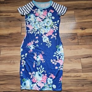 Women's Floral/Striped Blue and Pink Dress Boutique Dress